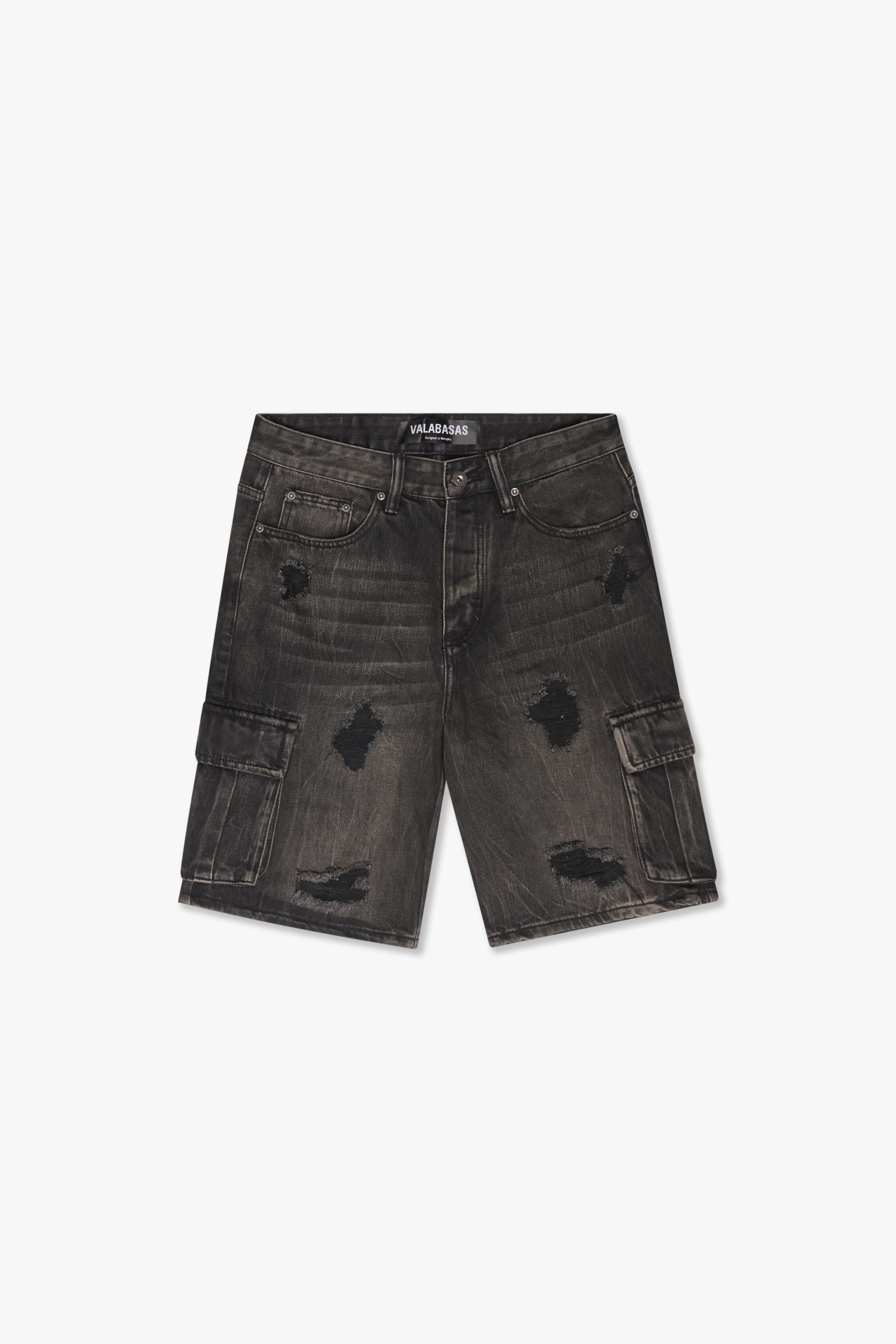 "CUTLASS" BLACK WASH DENIM CARGO SHORTS