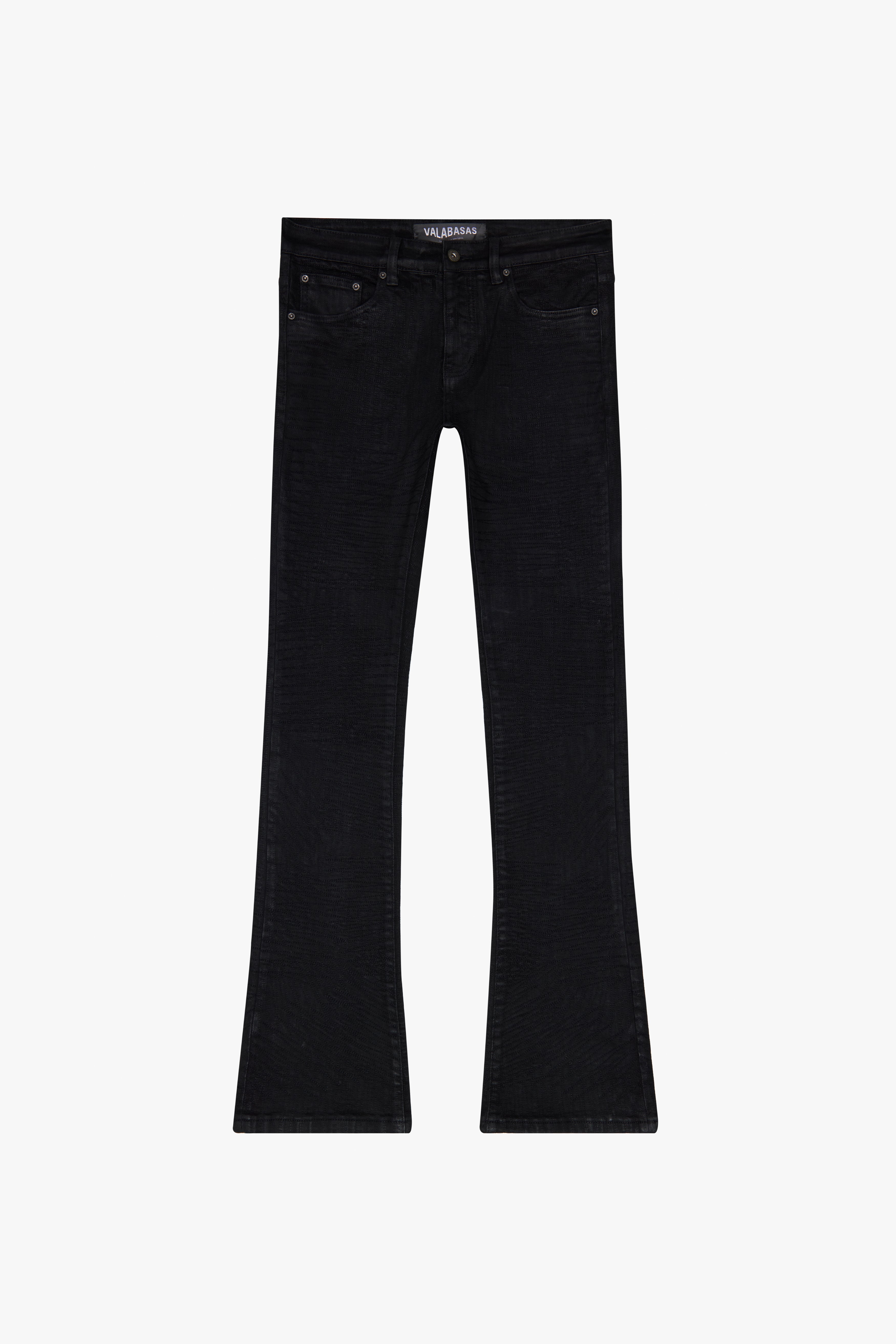 "ENIGMA" JET BLACK STACKED FLARE JEAN
