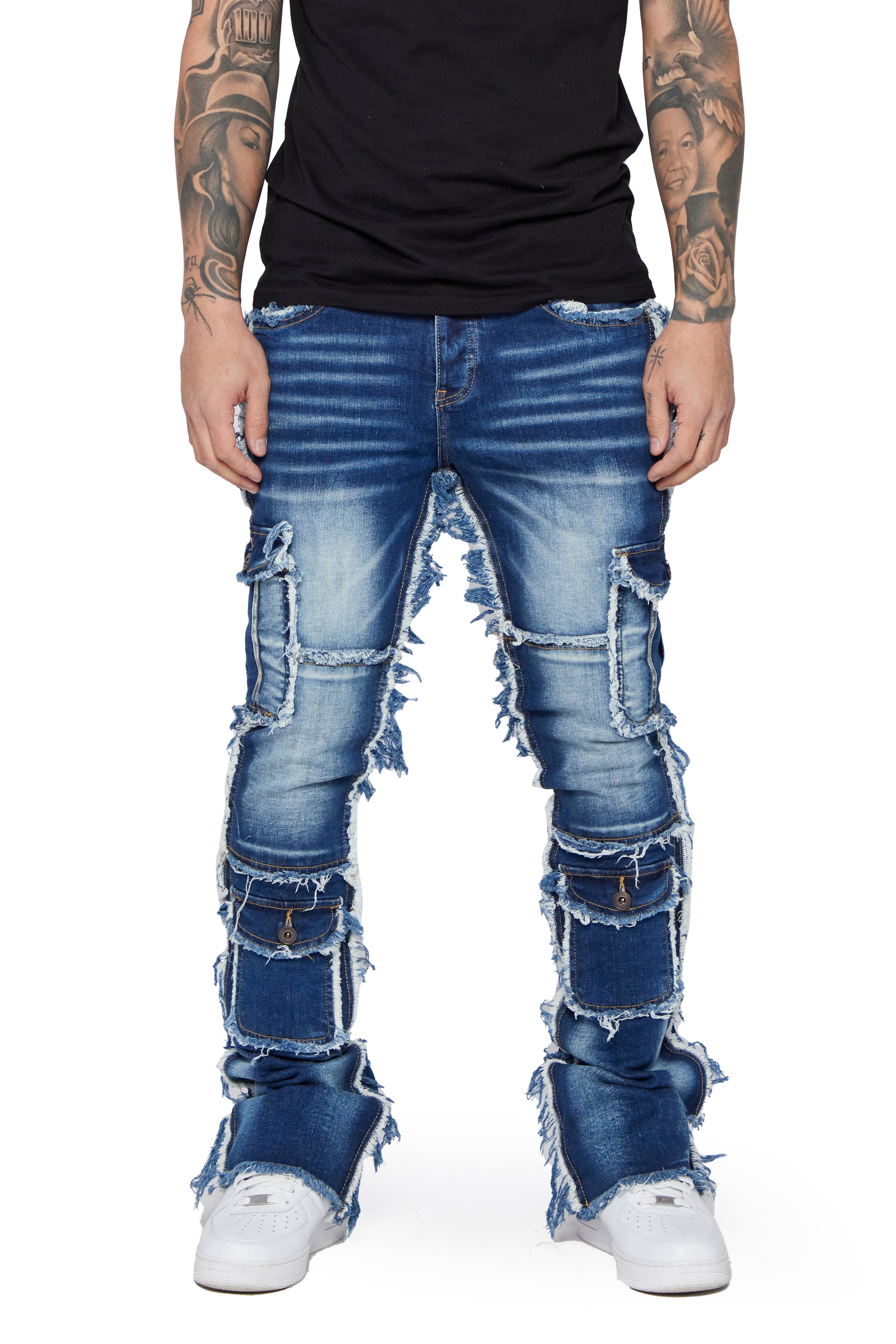 "AERERINE" DARK BLUE WASHED STACKED FLARE JEAN