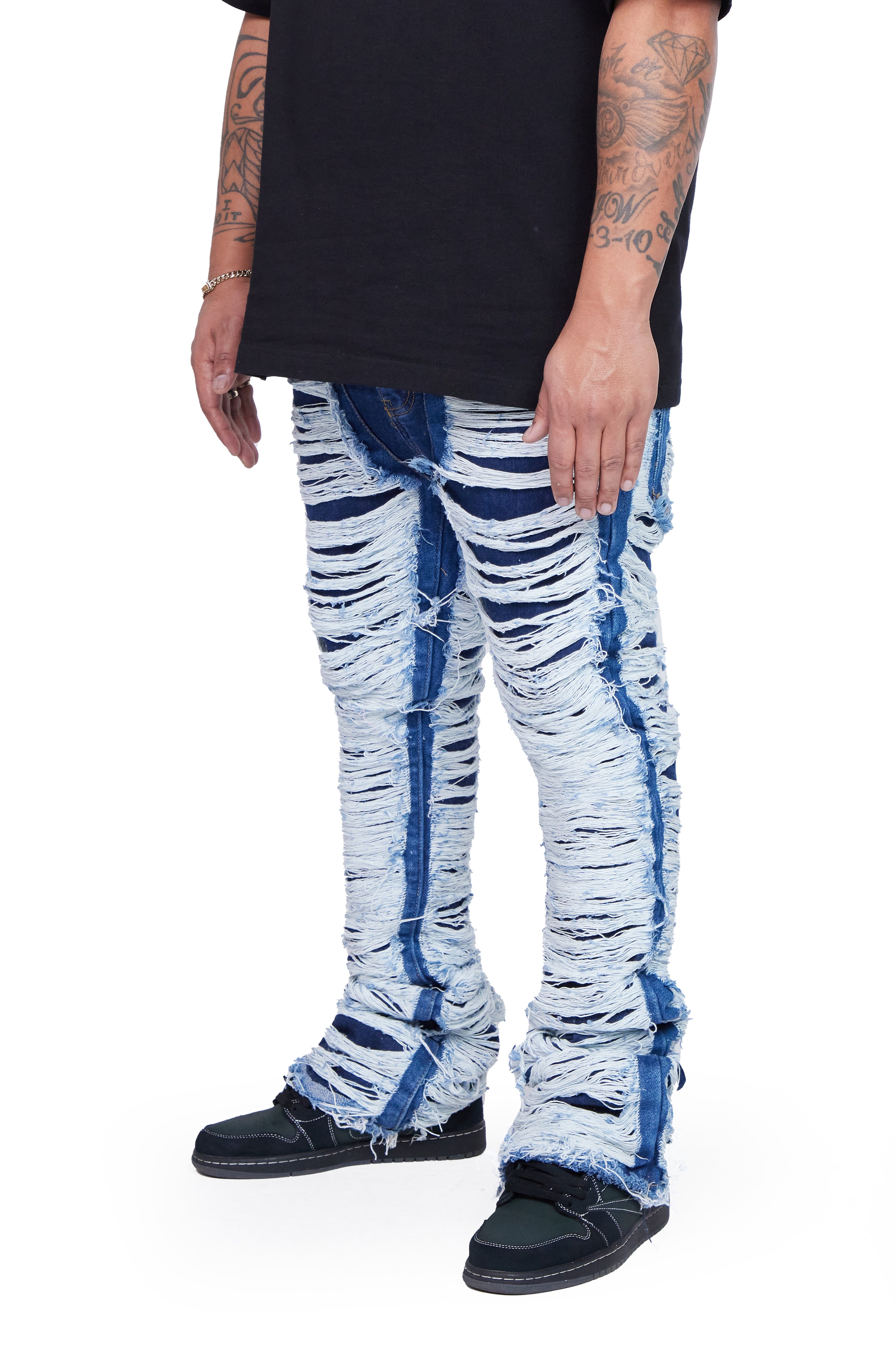 "RAVAGED" INDIGO STACKED FLARE JEAN