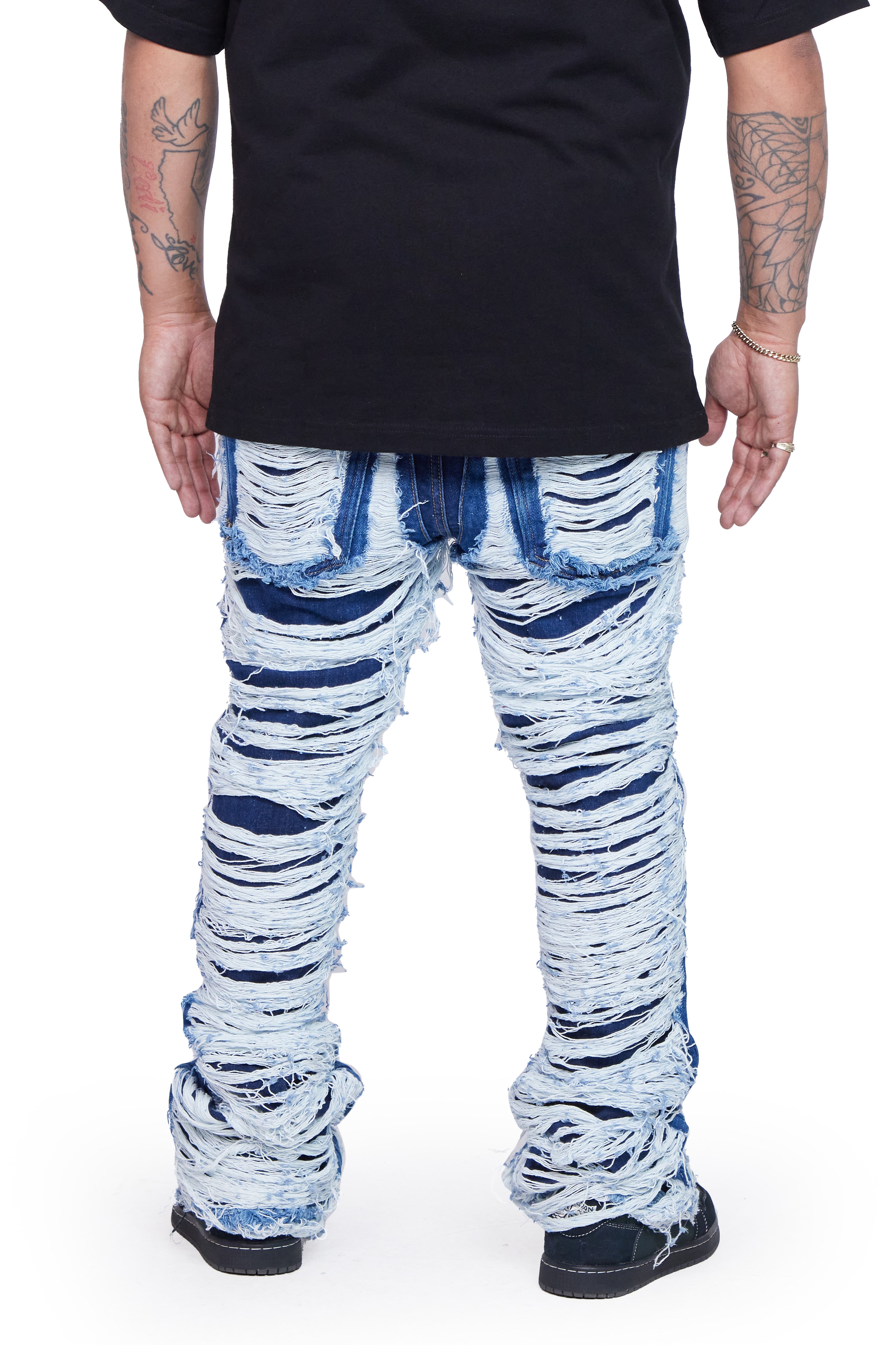 "RAVAGED" INDIGO STACKED FLARE JEAN