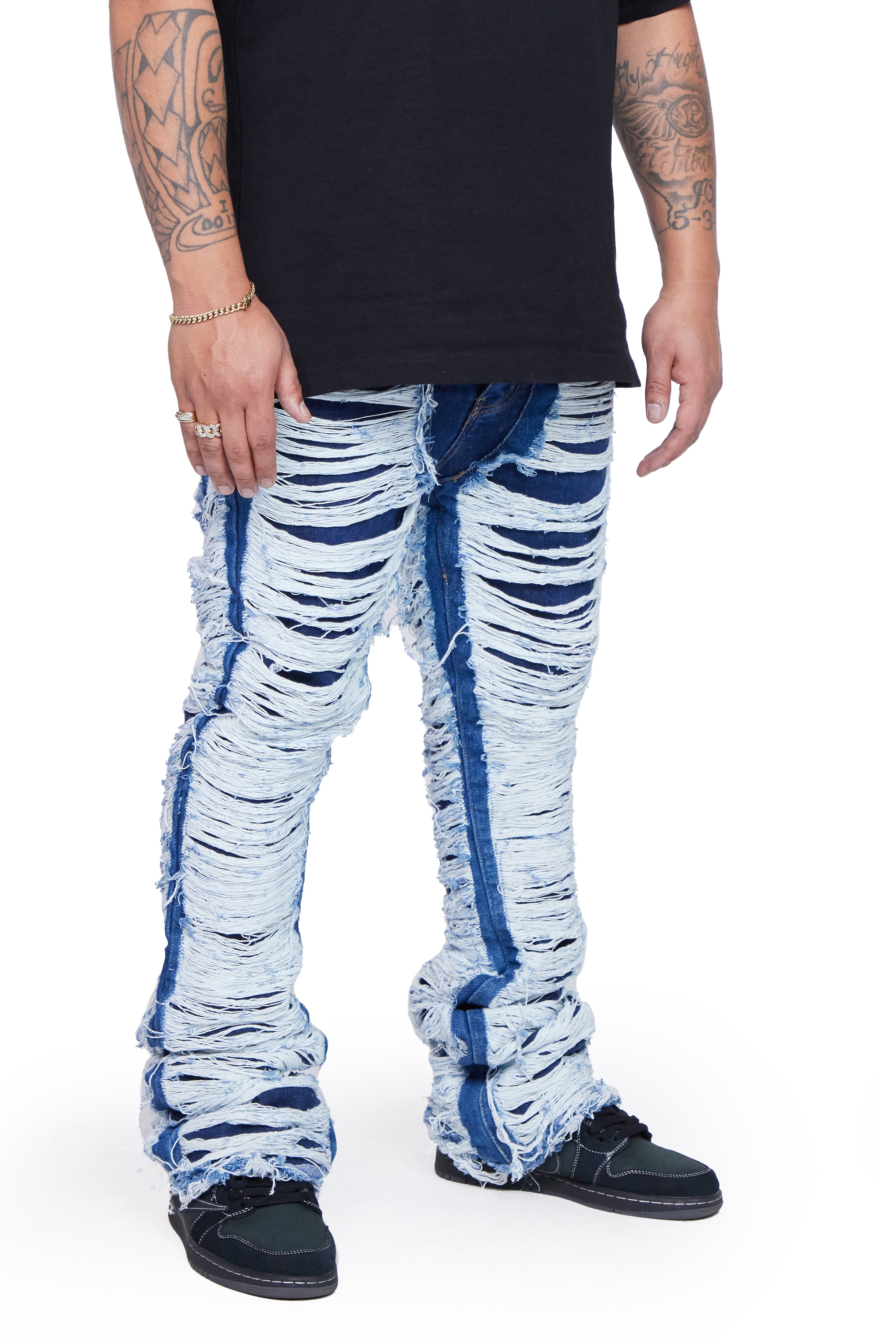 "RAVAGED" INDIGO STACKED FLARE JEAN